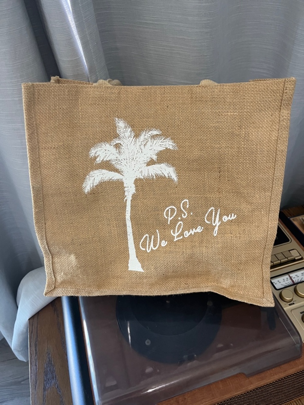 Jute Tote Bag with White Palm Print - Natural